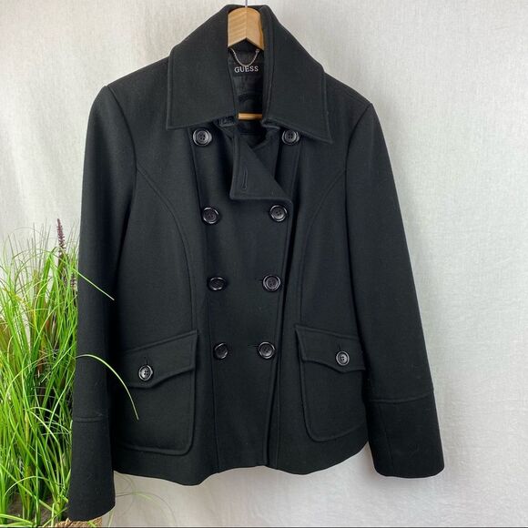 Guess Wool Blend Black Double Breast Button Up Pea Coat L - Picture 1 of 6